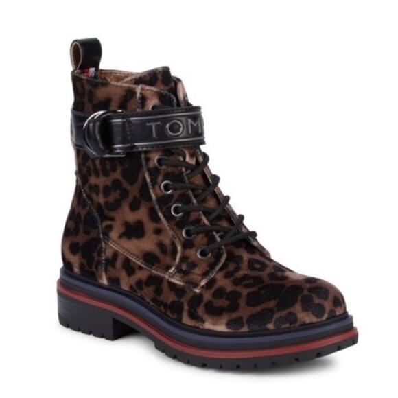 NEW Tommy Hilfiger Parsins Leopard Velvet Combat Boots Size 6.5 Chunky Sole - Picture 1 of 6